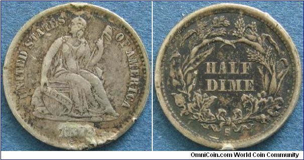seated Liberty half dime S (with rim damage)
