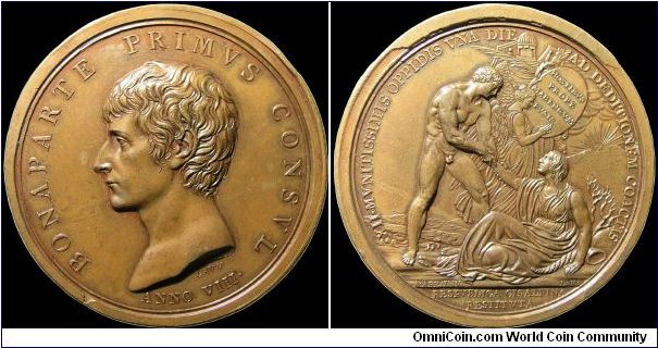Bataille de Marengo, France.

There's a bit of history to do with this medal in later years. This piece was apparently struck from the original dies. Though the catalogers tended to refer to this by the battle it's also important to realize that the event being shown on the reverse is the restoration of the Cisalpine Republic.                                                                                                                                                                          