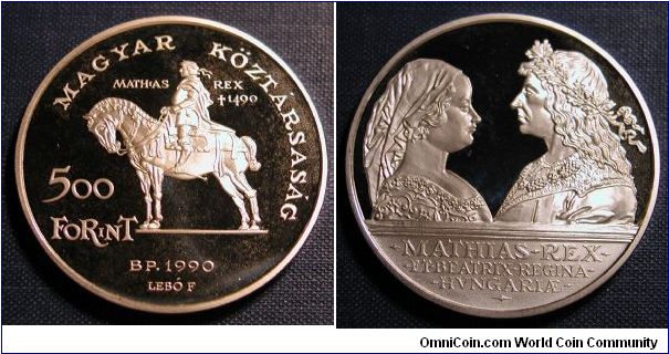 1990 Hungary 500 Forint Proof
28g
.900 Silver
Mintage 15,000
Obv: King Mathias on Horse
Reverse: King Mathias and Queen Beatrix.