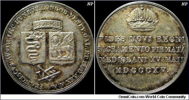 Retour de François Ier à Milan, Austria-Hungary.

This token was struck to celebrate the oath of allegiance of Lombardy towns part of Kingdom Lombardo-Veneto to Frances I of Austria. During the celebration (May 15, 1815) several of these tokens in silver and copper were thrown to people from the Archduke Giovanni of Austria. 
   The engraver was the talented Luigi Manfredini. Though referred to as a lira it was struck on an unusual size planchet. This medal or token can be considered scarce. 