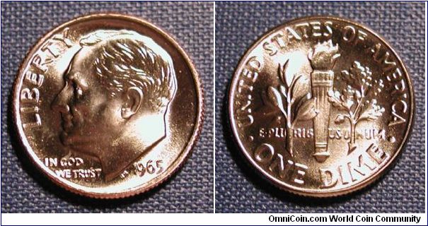 1965 Roosevelt Dime taken from SMS set.
