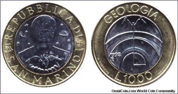 San Marino, 1000 lira,  1998, Geologica, Bi-metallic                                                                                                                                                                                                                                                                                                                                                                                                                                                                
