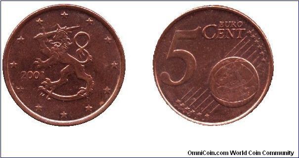 Finland, 5 cents, 2001, Cu-St.                                                                                                                                                                                                                                                                                                                                                                                                                                                                                      