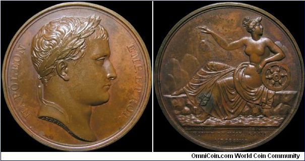 Route de Nice à Rome, France.

Laskey says: 'The allegory on the reverse of this medal seems to imply, by the foot of Fortune resting on the sea, that she has conducted him through the passages of the dreary deep; and, by her right foot being placed on the level of the rocky shore whereon she sits, that by her assistance, he was relanded in safety (at Frejus) on his return.'                                                                                                                         