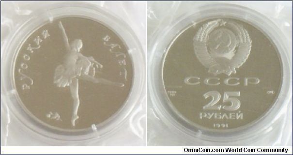 Russia 1991 25 rubles Palladium PROOF Ballerina. Minted in 1991, 1 full ounce of Pd999 and in proof condition, this is one of the last Pd Proof Ballerina ever minted in the USSR. Even so, such coins are hard to find due to the Pd price scare in 2000. To make matters worse, there is only 3,000 out of 30,000 of such proof coins minted in that year.

Mintmark: LMD