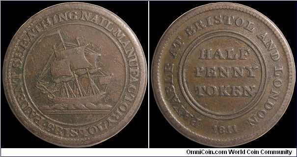 ½ Penny Token.

Like the Conder tokens of the 1790s a shortage of small change made it necessary for merchants to produce their own.                                                                                                                                                                                                                                                                                                                                                                              