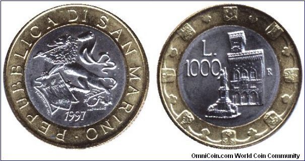 San Marino, 1000 liras, 1997, bi-metallic.                                                                                                                                                                                                                                                                                                                                                                                                                                                                          