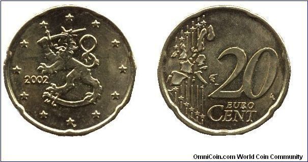 Finland, 20 cents, 2002, Cu-Al-Zn-Sn
.                                                                                                                                                                                                                                                                                                                                                                                                                                                                             