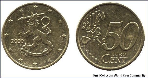 Finland, 50 cents, 2000, Cu-Al-Zn-Sn
.                                                                                                                                                                                                                                                                                                                                                                                                                                                                             