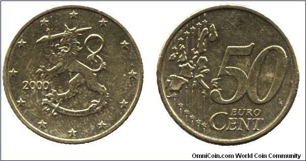 Finland, 50 cents, 2000, Cu-Al-Zn-Sn
.                                                                                                                                                                                                                                                                                                                                                                                                                                                                             