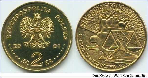 Poland, 2 zlote 2001.
15th Anniversary of the Constitutional Tribunal Decisions.