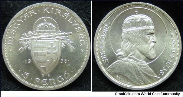 5 pengo 900th anniversary - death St. Stephan 0.640 silver
