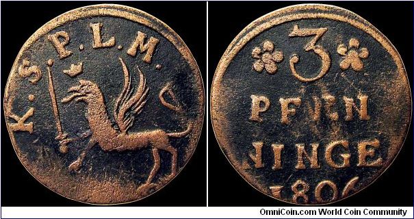 3 Pfenninge, Swedish Pomerania.

A two year type with rare variants associated with the 1806 issue. This example is distinctly double struck on the reverse particularly toward the top. Mintage was 384,000. 

An interesting coin that could, with reason, be classified as Swedish, German or Polish. Krause chooses to put it under the German States.                                                                                                                                                      