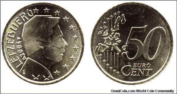 Luxembourg, 50 cents, 2004, Cu-Al-Zn-Sn.                                                                                                                                                                                                                                                                                                                                                                                                                                                                            