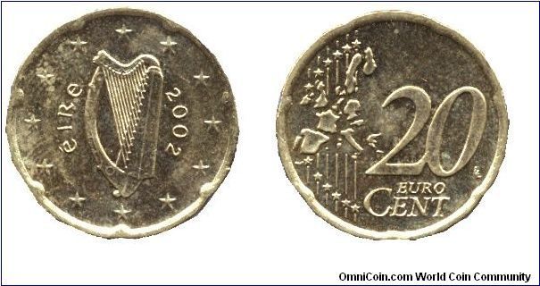 Ireland, 20 cents, 2002, Cu-Al-Zn-Sn.                                                                                                                                                                                                                                                                                                                                                                                                                                                                               