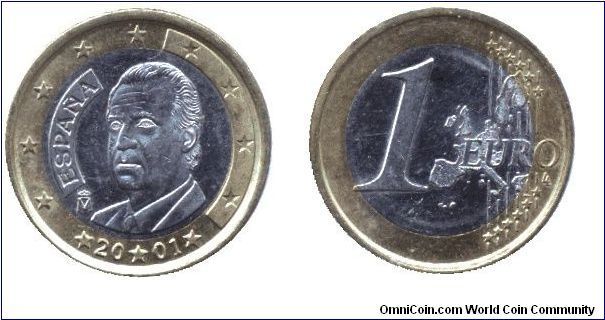 Spain, 1 euro, 2001, Ni-Brass-Cu-Ni
, Juan Carlos I.                                                                                                                                                                                                                                                                                                                                                                                                                                                               