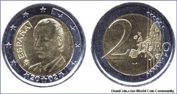 Spain, 2 euros, 2002, Cu-Ni-Ni-Brass, Juan Carlos I.                                                                                                                                                                                                                                                                                                                                                                                                                                                                