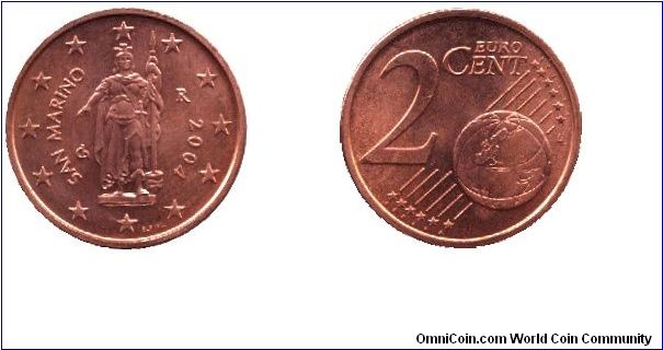 San Marino, 2 cents, 2002, Cu-Steel.                                                                                                                                                                                                                                                                                                                                                                                                                                                                                