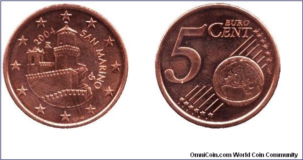 San Marino, 5 cents, 2005, Cu-Steel.                                                                                                                                                                                                                                                                                                                                                                                                                                                                                