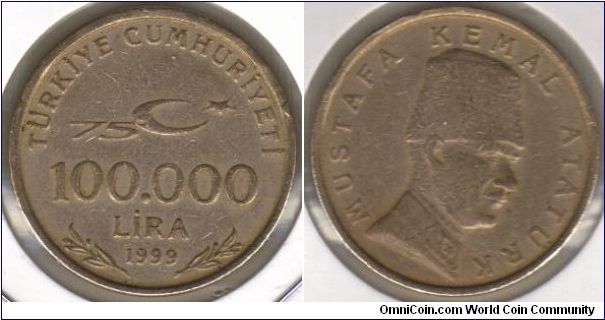 100,000 lira. 75th year of the Republic.