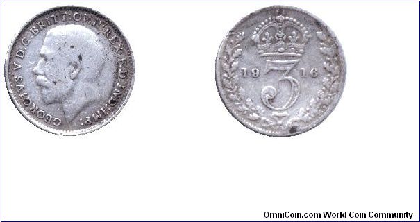 United Kingdom, 3 pence, 1916, Ag, King George V.                                                                                                                                                                                                                                                                                                                                                                                                                                                                   
