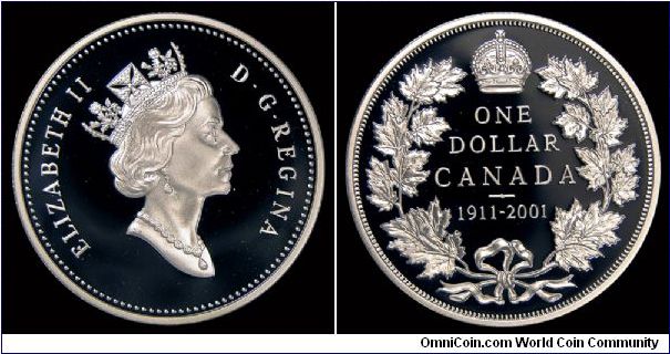 2001 Canada Silver Proof $1. 90th Anniversary of the 1911 Canada Dollar.
