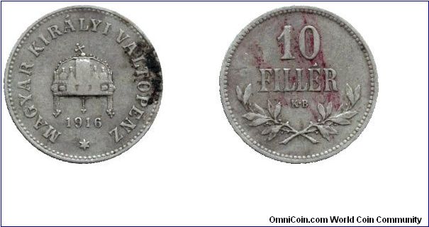 Hungary, 10 fillér, 1916, Cu-Ni-Zn, Hungarian Royal Crown.                                                                                                                                                                                                                                                                                                                                                                                                                                                          