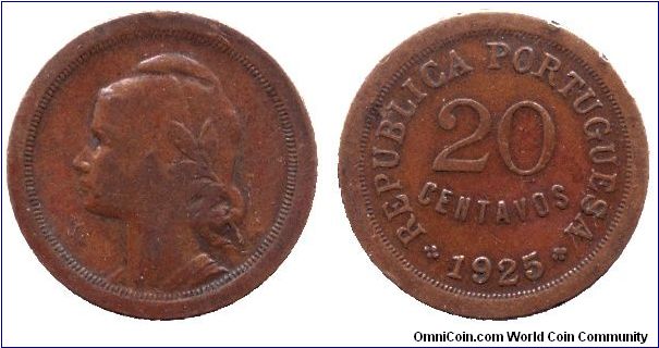 Portugal, 20 centavos, 1925, Bronze.                                                                                                                                                                                                                                                                                                                                                                                                                                                                                
