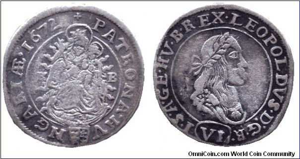 Hungary, 6 krajcár, 1672, Ag, King Leopold I (I. Lipót). MM: KB                                                                                                                                                                                                                                                                                                                                                                                                                                                     