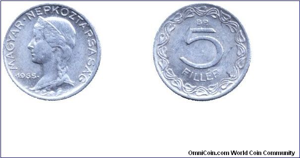 Hungary, 5 fillér, 1965, Al. People's Republic of Hungary.                                                                                                                                                                                                                                                                                                                                                                                                                                                          