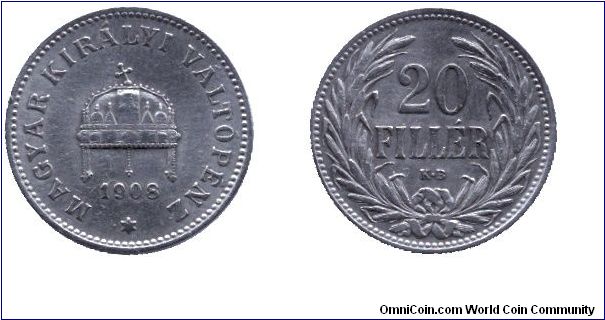 Hungary, 20 fillér, 1908, Ni.                                                                                                                                                                                                                                                                                                                                                                                                                                                                                       