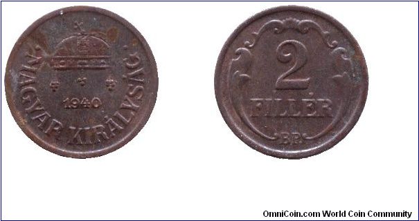 Hungary, 2 fillér, 1940, Bronze.                                                                                                                                                                                                                                                                                                                                                                                                                                                                                    