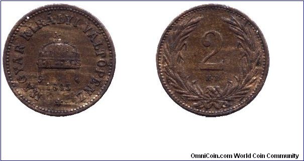 Hungary, 2 fillér, 1895, Bronze.                                                                                                                                                                                                                                                                                                                                                                                                                                                                                    