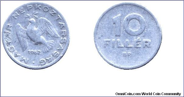 Hungary, 10 fillér, 1962, Al, People's Republic of Hungary.                                                                                                                                                                                                                                                                                                                                                                                                                                                         