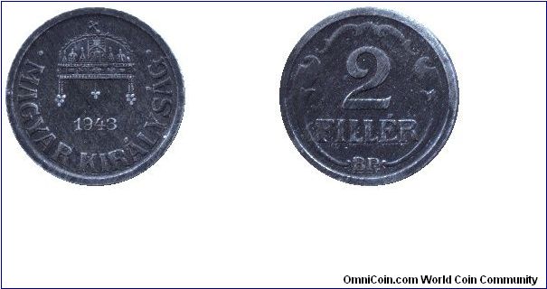 Hungary, 2 fillér, 1943, Zn. WWII issue, smaller than 1940 type. Kingdom of Hungary.                                                                                                                                                                                                                                                                                                                                                                                                                                