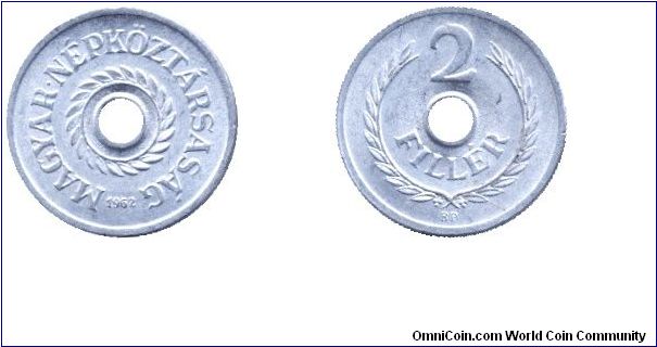 Hungary, 2 fillér, 1962, Al, People's Republic of Hungary.                                                                                                                                                                                                                                                                                                                                                                                                                                                          