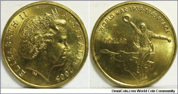 Australia 2005 1 dollar World War 1939-1945 Peace. Commemorative dollar coin that circulates around Australia.