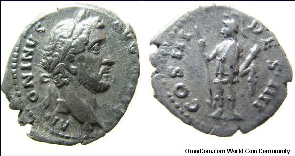 Antoninus Pius silver danarius 
Obv: ANTONINVS AVG PIVS PP, laureate head right. Rev: COS III DES IIII, Virtus holding spear and parazonium