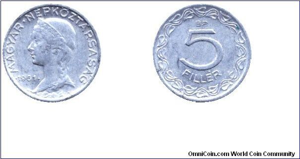 Hungary, 5 fillér, 1961, Al, People's Republic of Hungary.                                                                                                                                                                                                                                                                                                                                                                                                                                                          