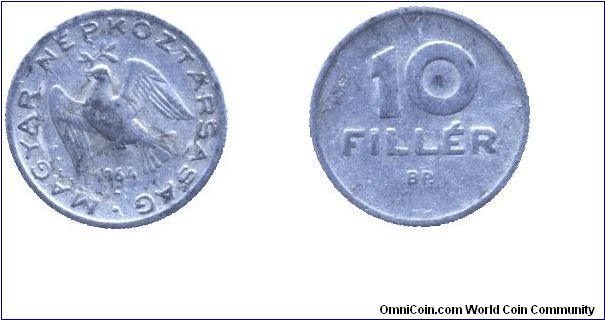 Hungary, 10 fillér, 1964, Al, People's Republic of Hungary.                                                                                                                                                                                                                                                                                                                                                                                                                                                         