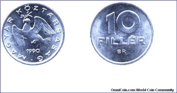 Hungary, 10 fillér, 1990, Al, Second Republic.                                                                                                                                                                                                                                                                                                                                                                                                                                                                      