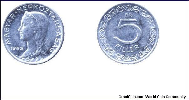 Hungary, 5 fillér, 1963, Al, People's Republic of Hungary.                                                                                                                                                                                                                                                                                                                                                                                                                                                          