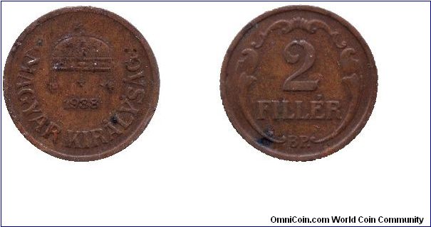 Hungary, 2 fillér, 1938, Bronze, Kingdom of Hungary.                                                                                                                                                                                                                                                                                                                                                                                                                                                                