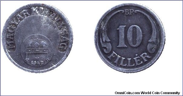 Hungary, 10 fillér, 1942, Steel, Kingdom of Hungary.                                                                                                                                                                                                                                                                                                                                                                                                                                                                