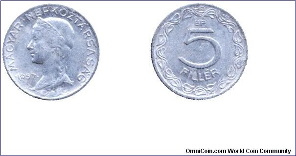 Hungary, 5 fillér, 1957, Al, People's Republic of Hungary.                                                                                                                                                                                                                                                                                                                                                                                                                                                          