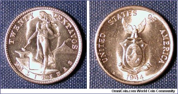 1944-D Philippines 20 Centavos