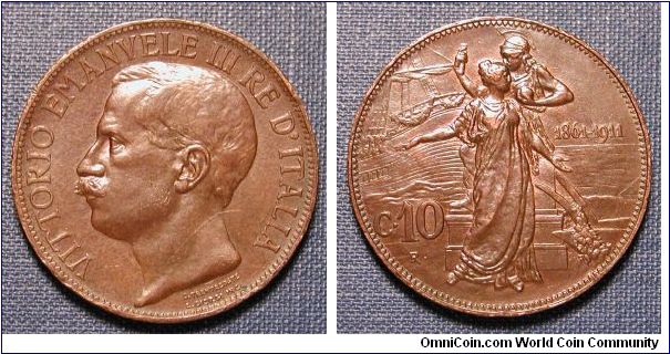 1911-R Italy 10 Centesimi Vitorio Emanuele III, Copper, 50th Anniversary of the Kingdom.  One year type.  Mintage 2 million.