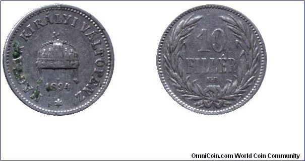 Hungary, 10 fillér, 1894, Ni, Austro-Hungarian Monarchy.                                                                                                                                                                                                                                                                                                                                                                                                                                                            