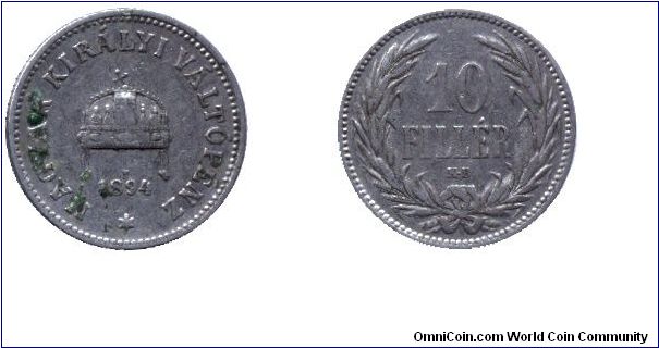 Hungary, 10 fillér, 1894, Ni, Austro-Hungarian Monarchy.                                                                                                                                                                                                                                                                                                                                                                                                                                                            