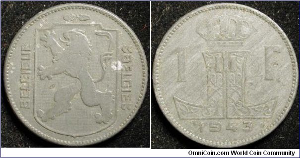1 Franc
Zinc
Leopold III
Occup. WW II
French-Flemish